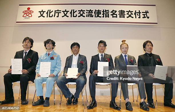 Japan - Photo taken in Tokyo on May 22 shows six of eight arts professionals whom Japan has selected as cultural ambassadors to help promote Japanese...