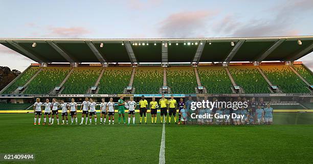 The teams pose for a photo during the round one W-League match between the Perth Glory and the Western Sydney Wanderers at nib Stadium on November 6,...