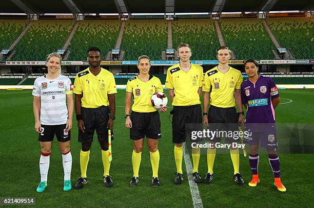 The team poses during the round one W-League match between the Perth Glory and the Western Sydney Wanderers at nib Stadium on November 6, 2016 in...