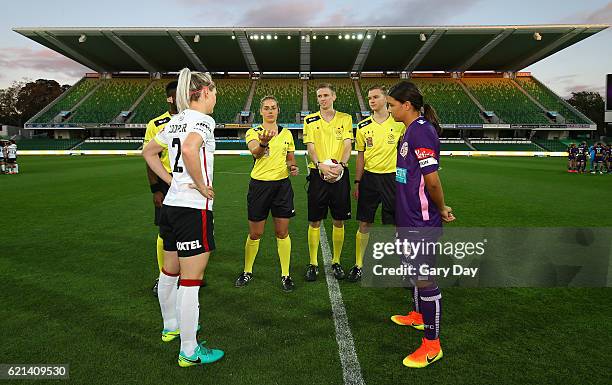 The team gathers during the round one W-League match between the Perth Glory and the Western Sydney Wanderers at nib Stadium on November 6, 2016 in...