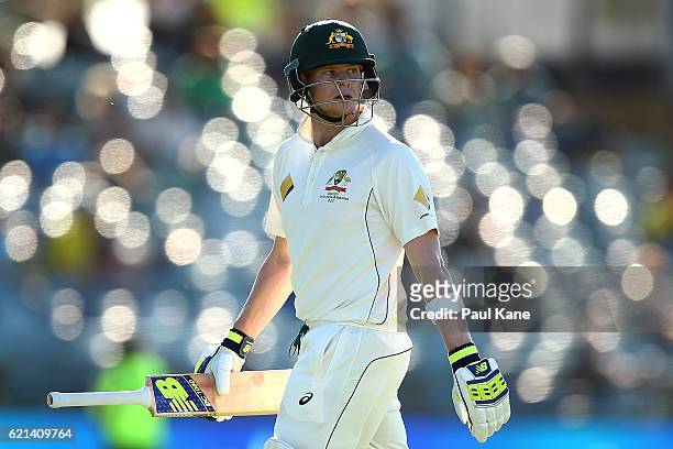 Steve Smith of Australia walks back to the rooms after being dismissed by Kagiso Rabada of South Africa during day four of the First Test match...