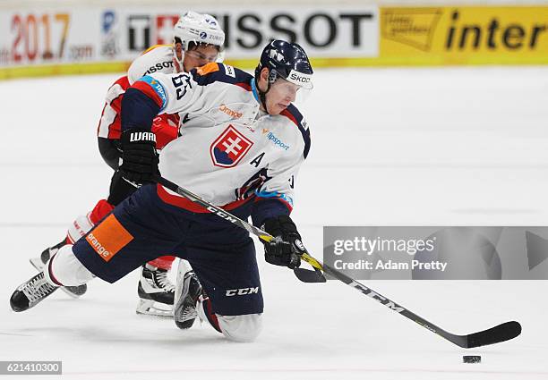 Michal Cajkovsky of Slovakia in action during the Switzerland v Slovakia match of the 2016 Deutschland Cup at Curt Frenzel Stadion on November 6,...