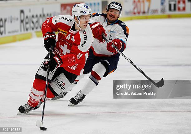 Patrick Geering of Switzerland in action during the Switzerland v Slovakia match of the 2016 Deutschland Cup at Curt Frenzel Stadion on November 6,...