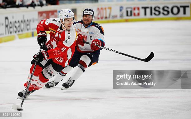 Patrick Geering of Switzerland in action during the Switzerland v Slovakia Ice Hockey match of the 2016 Deutschland Cup at Curt Frenzel Stadion on...