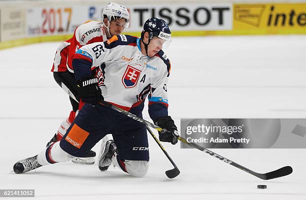 Michal Cajkovsky of Slovakia in action during the Switzerland v Slovakia Ice Hockey match of the 2016 Deutschland Cup at Curt Frenzel Stadion on...