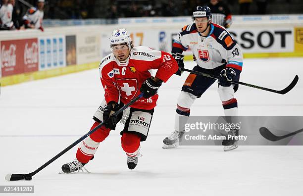 Andres Ambuehl of Switzerland in action during the Switzerland v Slovakia Ice Hockey match of the 2016 Deutschland Cup at Curt Frenzel Stadion on...