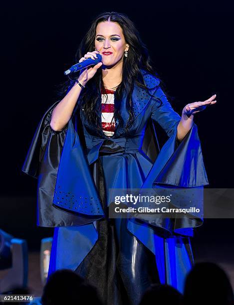 Singer-songwriter, Katy Perry performs during Katy Perry holds Get Out The Vote concert in support of Hillary Clinton at Mann Center For Performing...