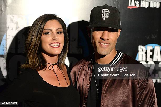 Personalities Lace Morris and Grant Kemp of the show Bachelor in Paradise poses backstage during the 92.3 Real Show at The Forum on November 5, 2016...