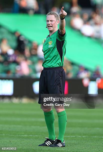 Referee, Kurt Ams during the round five A-League match between the Perth Glory and the Western Sydney Wanderers at nib Stadium on November 6, 2016 in...