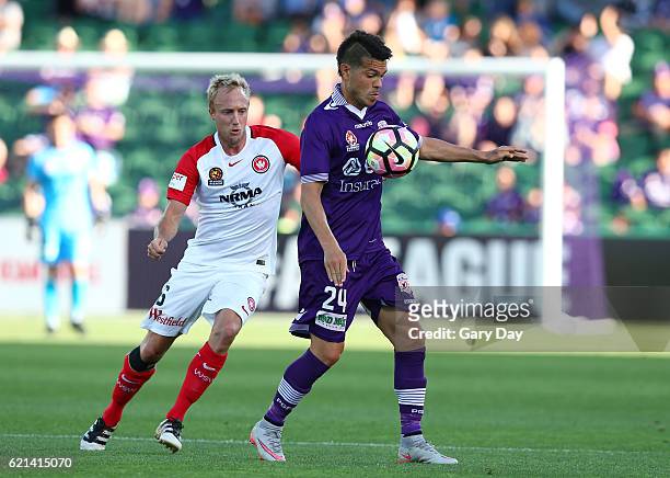 Milan Smiljanic of the Glory controls the ball under pressure from Mitch Nichols of the Wanderers during the round five A-League match between the...