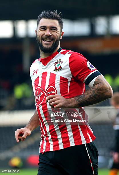 Charlie Austin of Southampton celebrates scoring his sides first goal during the Premier League match between Hull City and Southampton at KC Stadium...