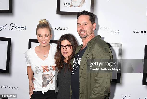 Actress Kaley Cuoco, Rebecca Corry and Chad Atkins arrive at the Stand Up For Pits at The Hollywood Improv on November 5, 2016 in Hollywood,...