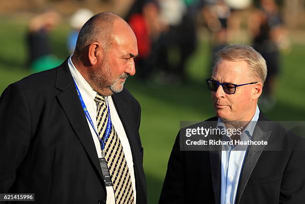 European Tour Chief Executive Keith Pelley speaks to Andrew'Chubby' Chandler at the trophy presentation during day four of the Turkish Airlines Open...