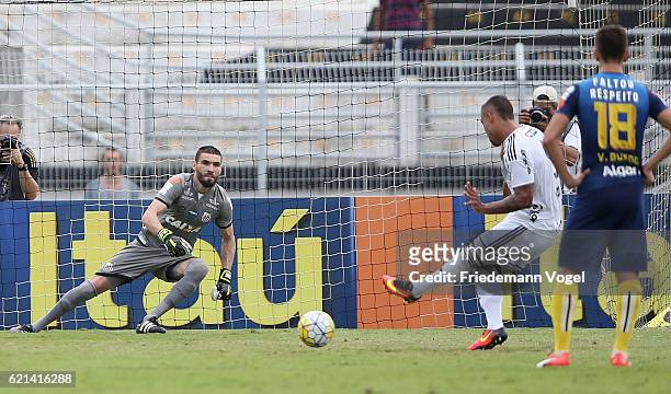 Pottker of Ponte Preta scores the first goal during the match between Ponte Preta and Santos for the Brazilian Series A 2016 at Moises Lucarelli...