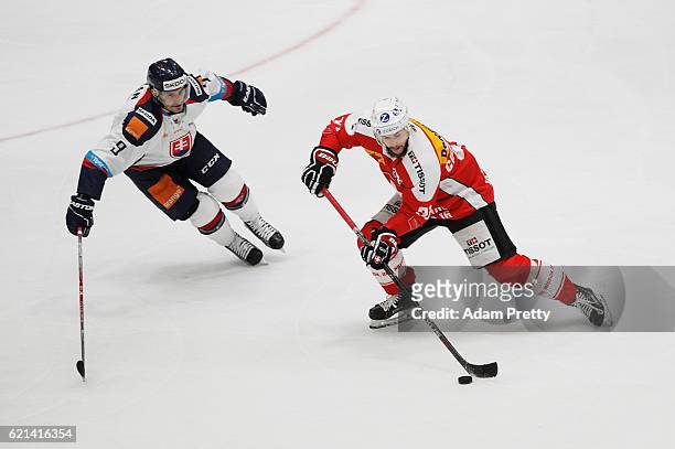 Robin Grossmann of Switzerland in action during the Switzerland v Slovakia match of the 2016 Deutschland Cup at Curt Frenzel Stadion on November 6,...