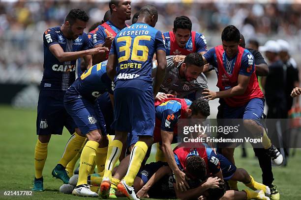 The team of Santos celebrates after scoring the second goal during the match between Ponte Preta and Santos for the Brazilian Series A 2016 at Moises...