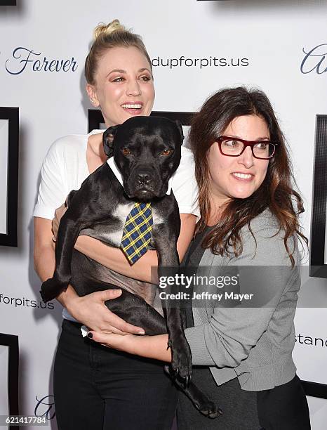 Actress Kaley Cuoco and comedian Rebecca Corry arrive at the Stand Up For Pits at The Hollywood Improv on November 5, 2016 in Hollywood, California