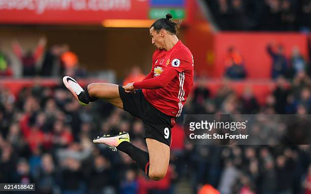 Zlatan Ibrahimovic of Manchester United celebrates scoring his sides second goal during the Premier League match between Swansea City and Manchester...