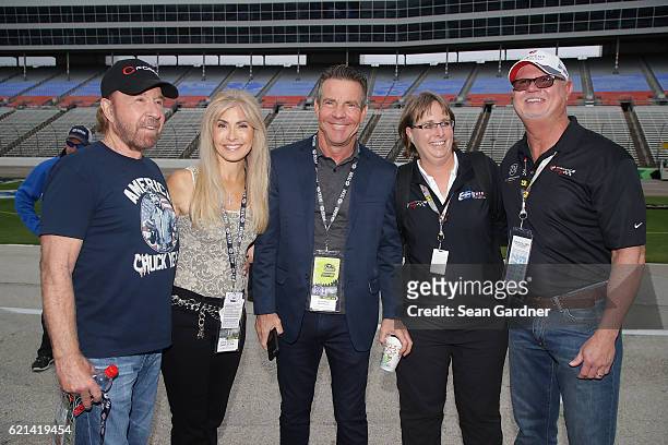 Actor Chuck Norris, Gena O'Kelley, actor Dennis Quaid and former Tampa Bay Devil Rays relief pitcher Jim Morris pose prior to the NASCAR Sprint Cup...
