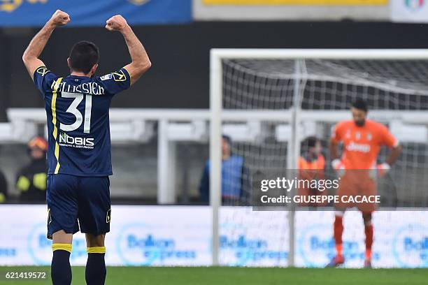 Chievo's forward from Italy Sergio Pellissier celebrates after scoring a goal during the Italian Serie A football match Chievo Verona vs Juventus at...