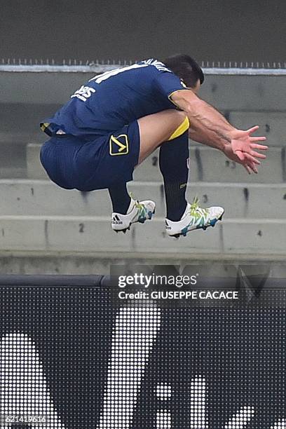 Chievo's forward from Italy Sergio Pellissier celebrates after scoring during the Italian Serie A football match Chievo Verona vs Juventus at...