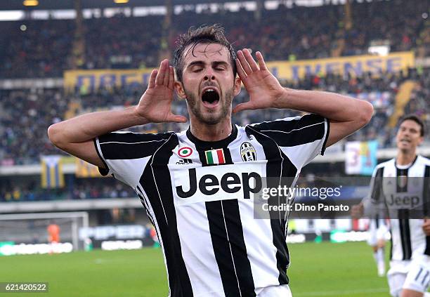 Miralem Pjanic of Juventus FC celebrates after scoring his team's second goal during the Serie A match between AC ChievoVerona and Juventus FC at...