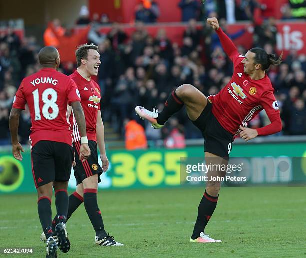 Zlatan Ibrahimovic of Manchester United celebrates scoring their second goal during the Premier League match between Swansea City and Manchester...