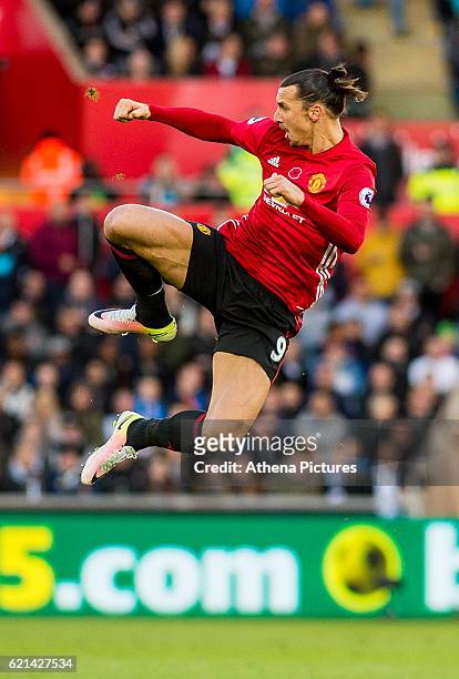 Zlatan Ibrahimovic of Manchester United celebrates his goal during the Premier League match between Swansea City and Manchester United at The Liberty...