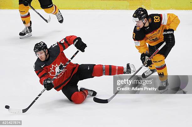 Paul Szczechura of Canada controls the puck during the Germany v Canada Deutschland Cup 2016 Ice Hockey match at Curt Frenzel Stadion on November 6,...
