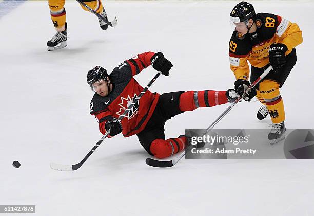 Paul Szczechura of Canada controls the puck during the Germany v Canada Deutschland Cup 2016 Ice Hockey match at Curt Frenzel Stadion on November 6,...