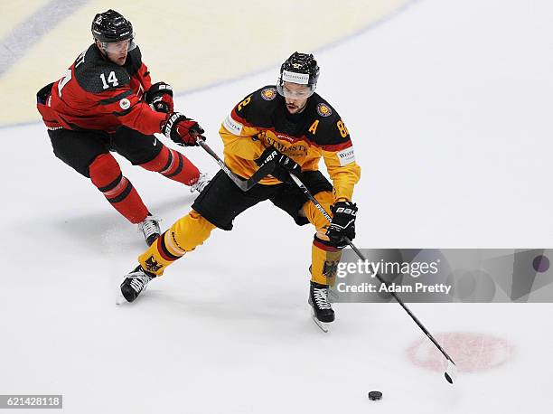 Sinan Akdag of Germany in action during the Germany v Canada Deutschland Cup 2016 Ice Hockey match at Curt Frenzel Stadion on November 6, 2016 in...