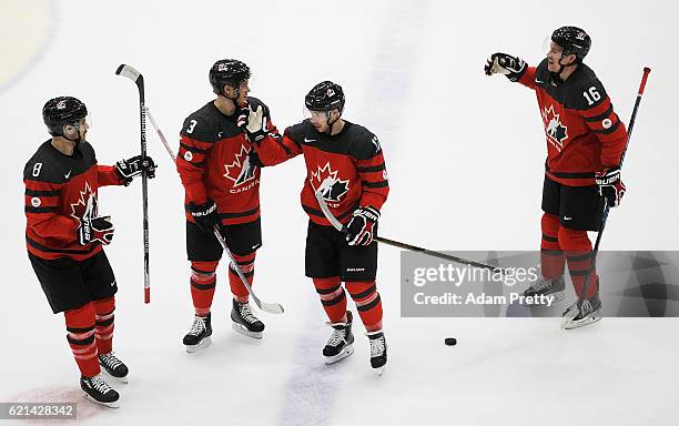 Kevin Clark of Canada celebrates scoring a goal during the Germany v Canada Deutschland Cup 2016 Ice Hockey match at Curt Frenzel Stadion on November...