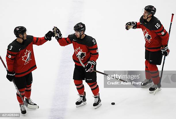 Kevin Clark of Canada celebrates scoring a goal during the Germany v Canada Deutschland Cup 2016 Ice Hockey match at Curt Frenzel Stadion on November...