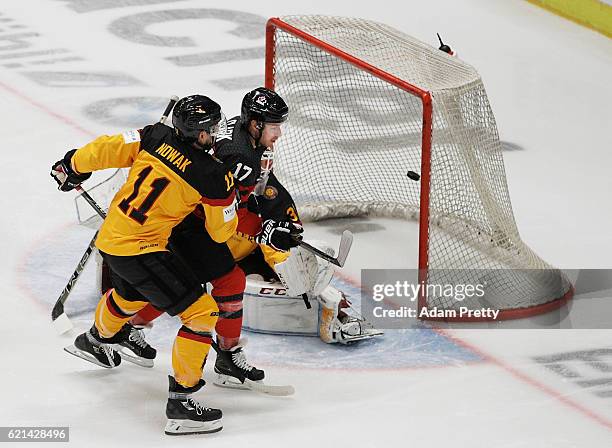 Kevin Clark of Canada scores a goal during the Germany v Canada Deutschland Cup 2016 Ice Hockey match at Curt Frenzel Stadion on November 6, 2016 in...