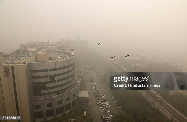 Huge layer of smog covered city due to increase in pollution, on November 6, 2016 in New Delhi, India. New Delhi's air quality has steadily worsened...