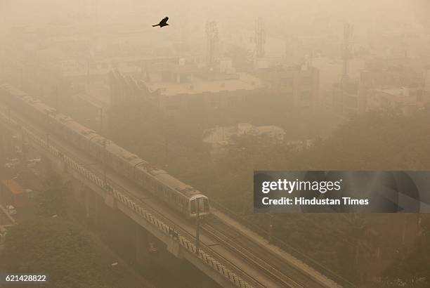 Huge layer of smog covered city due to increase in pollution, on November 6, 2016 in New Delhi, India. New Delhi's air quality has steadily worsened...