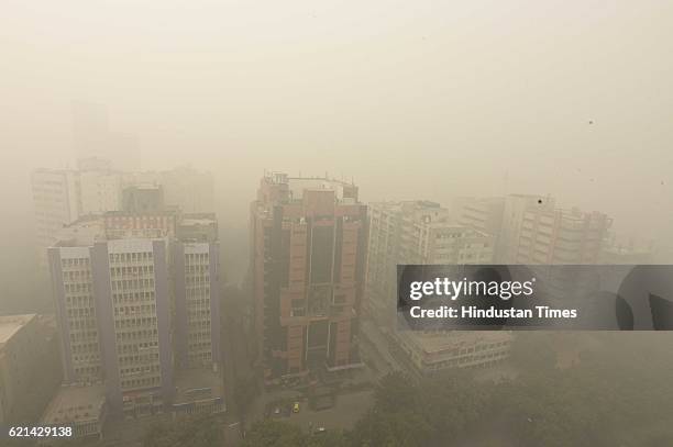 The city covered under a thick blanket of Smog seen covers the capital's skyline, on November 6, 2016 in New Delhi, India. New Delhi's air quality...