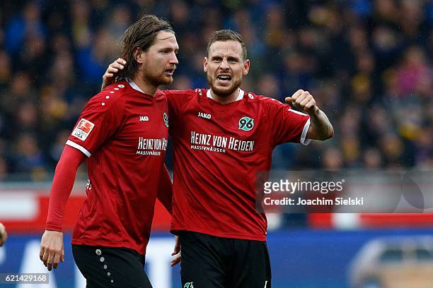 Stefan Strandberg and Marvin Bakalorz of Hannover celebration after the Goal 2:2 during the Second Bundesliga match between Eintracht Braunschweig...