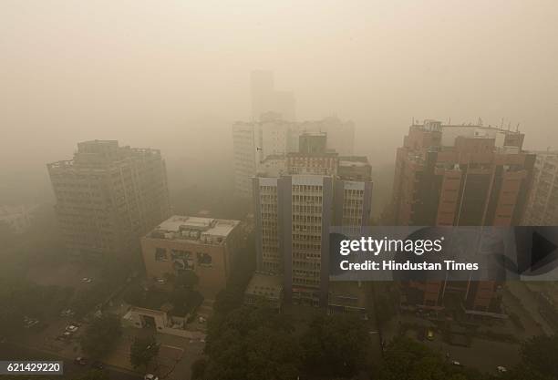 The city covered under a thick blanket of Smog seen covers the capital's skyline, on November 6, 2016 in New Delhi, India. New Delhi's air quality...