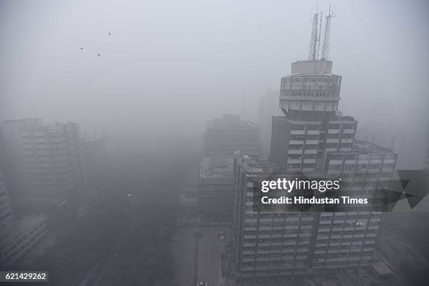 The city covered under a thick blanket of Smog seen covers the capital's skyline, on November 6, 2016 in New Delhi, India. New Delhi's air quality...