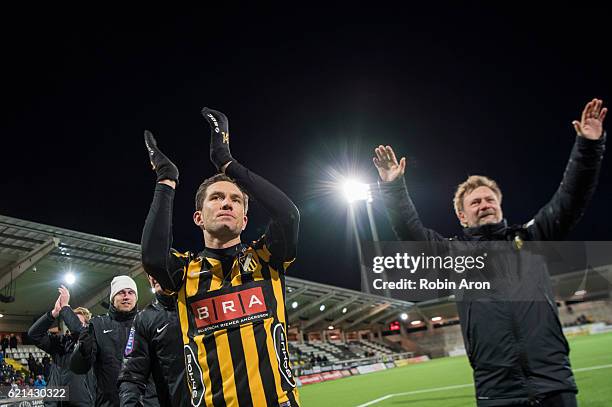 Martin Ericsson and Peter Gerhardsson, head coach of BK Hacken celebrates after their last match for BK Hacken after the Allsvenskan match between BK...