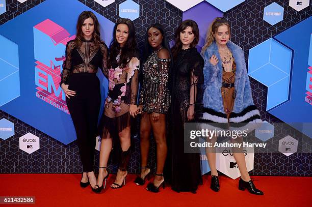 Girls Eleanor Calder, Monica Geuze, Sandra Lambeck, Betty Autier and Sonya Esman attend the MTV Europe Music Awards 2016 on November 6, 2016 in...