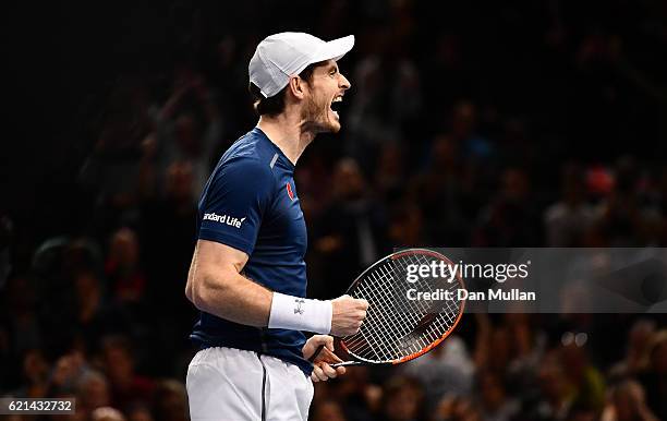 Andy Murray of Great Britain celebrates winning the Mens Singles Final against John Isner of the United States on day seven of the BNP Paribas...