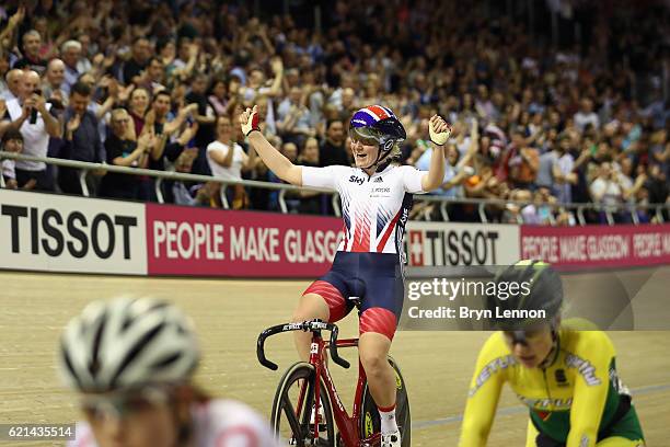 Emily Kay celebrates winning the Women's Omnium during day three of the UCI Track Cycling World Cup at the Sir Chris Hoy Velodrome on November 6,...