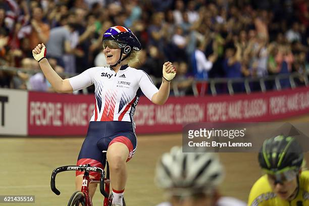 Emily Kay celebrates winning the Women's Omnium during day three of the UCI Track Cycling World Cup at the Sir Chris Hoy Velodrome on November 6,...