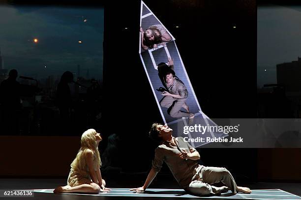 Michael C Hall as Newton and Sophie Anne Caruso as Girl in David Bowie and Enda Walsh's Lazarus directed by Ivo van Hove at the Kings Cross Theatre...