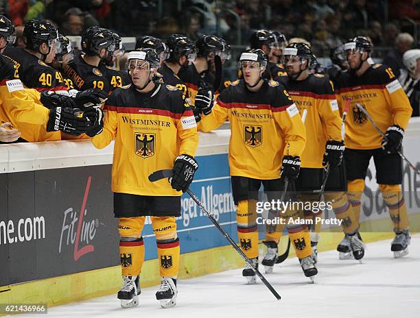 Thomas Greilinger of Germany celebrates scoring a goal during the Germany v Canada Deutschland Cup 2016 Ice Hockey match at Curt Frenzel Stadion on...