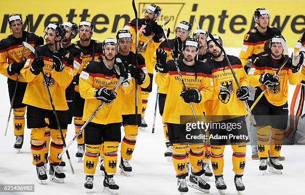 Kai Hospelt and team Germany thank the fans after losing the Germany v Canada Deutschland Cup 2016 Ice Hockey match at Curt Frenzel Stadion on...