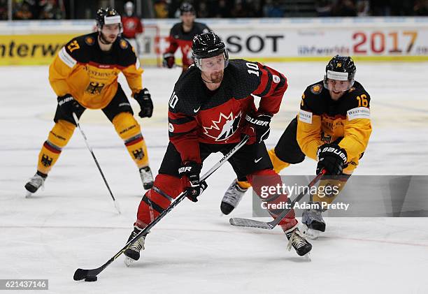 Matt Ellison of Canada in action during the Germany v Canada Deutschland Cup 2016 Ice Hockey match at Curt Frenzel Stadion on November 6, 2016 in...