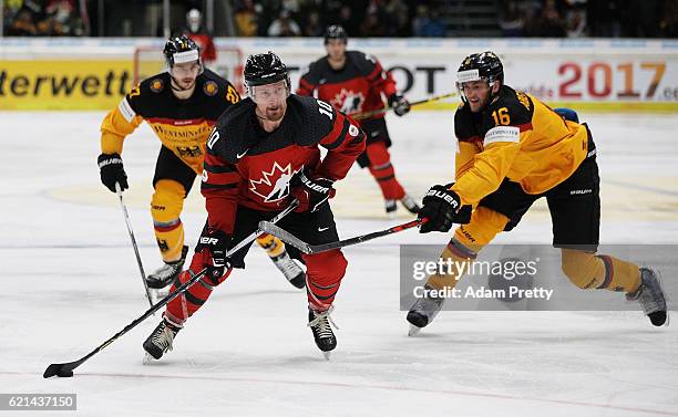 Matt Ellison of Canada in action during the Germany v Canada Deutschland Cup 2016 Ice Hockey match at Curt Frenzel Stadion on November 6, 2016 in...
